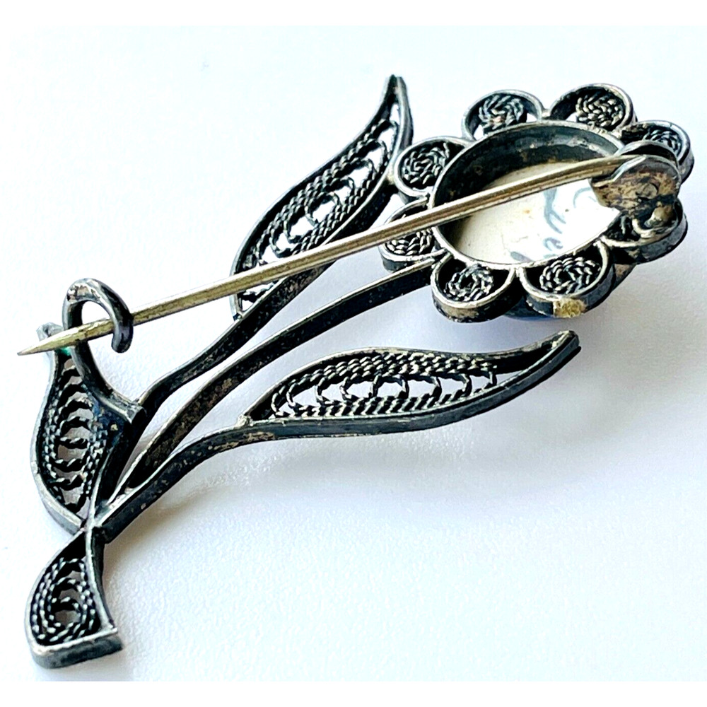 Vtg Blue White Delft Windmill Filigree Flower Brooch Dainty Pin C Clasp Signed - Picture 12 of 12